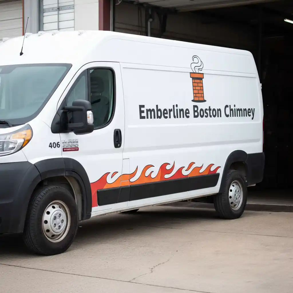 Emberline Boston Chimney service van with company name and phone number